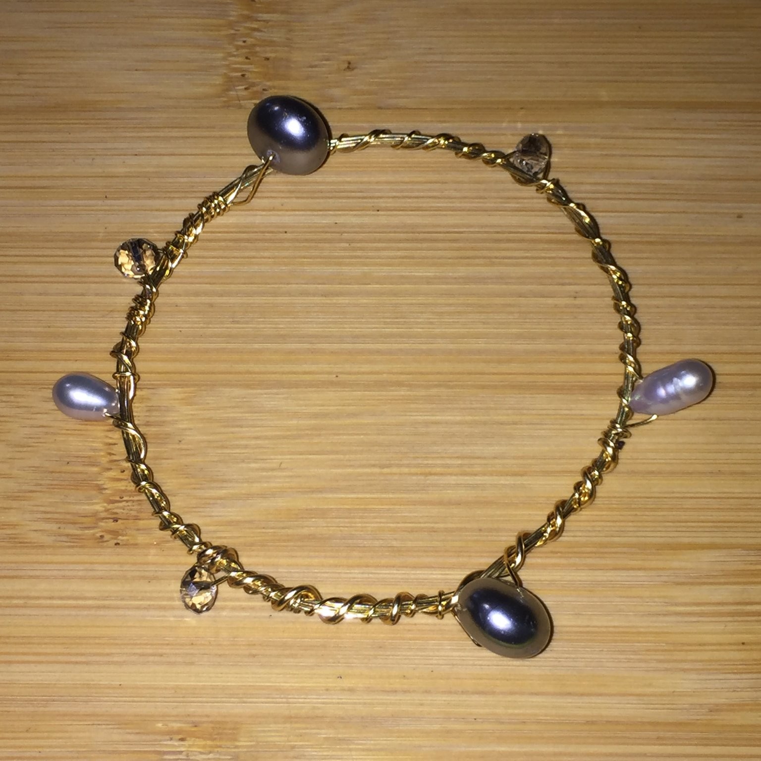 Wire Wrapped Pearl & Crystal Bead Open Cuff Bracelet Gold Tone