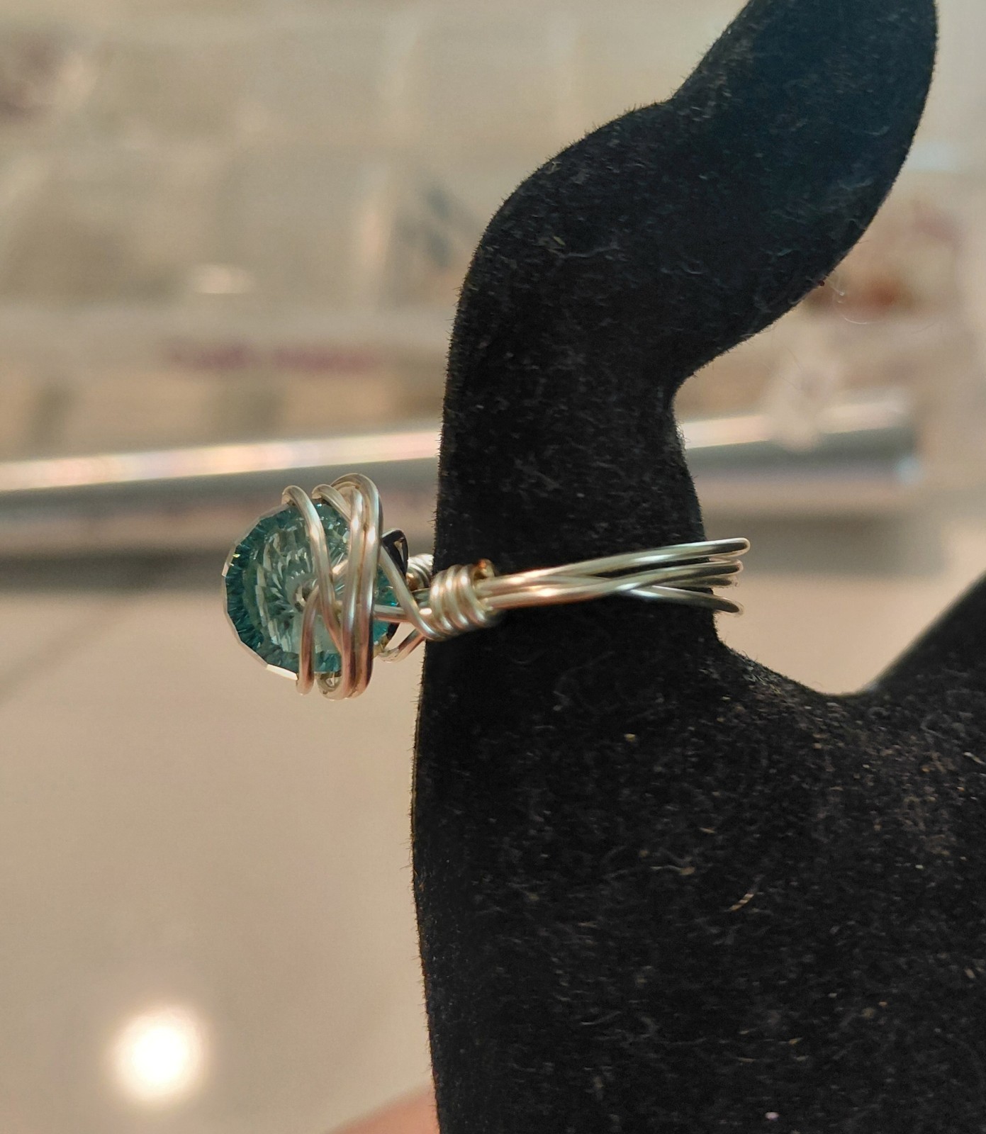 Silver Plated Copper Wire Wrapped Iridescent Glass Bead Ring Size 7.25