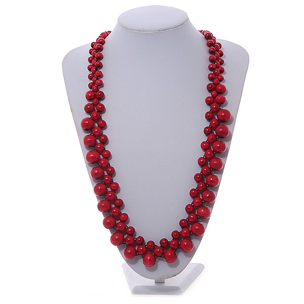 Cluster Wood Beaded Long Necklace in Cherry Red – 82cm Long