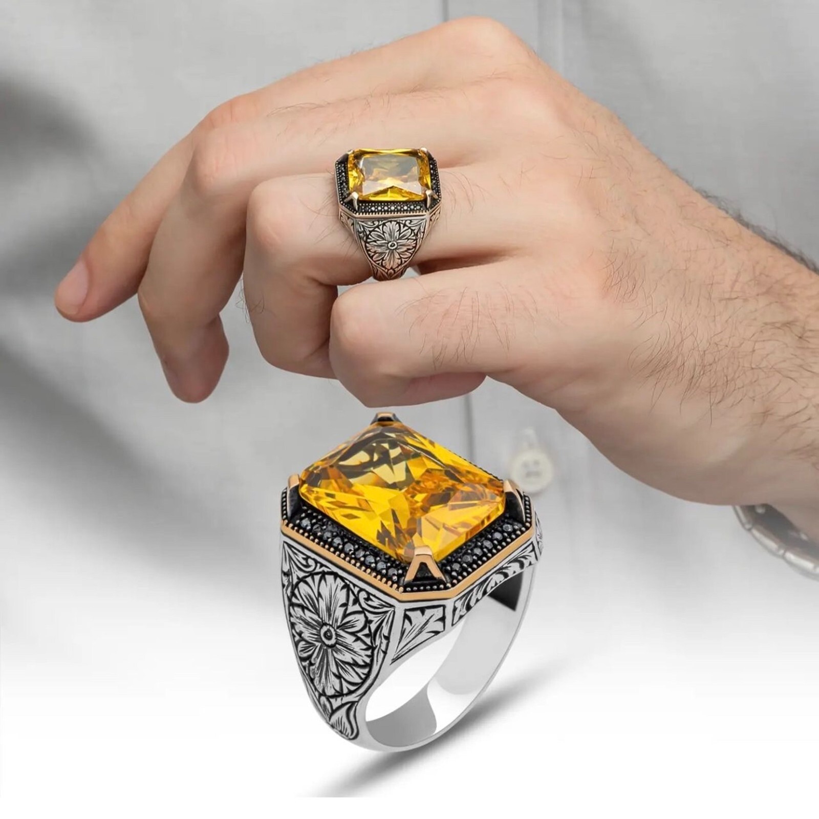 Real Sterling Silver Men’s Ring Turkish Jewelry Yellow Citrine Stone All Size