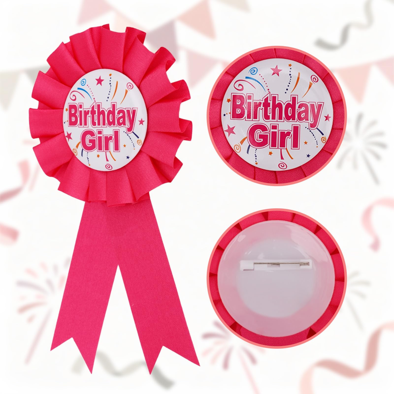 Birthday Girl Pin, Rose Red Satin Ribbon Happy Badge Pin, Medium Size, Polyester