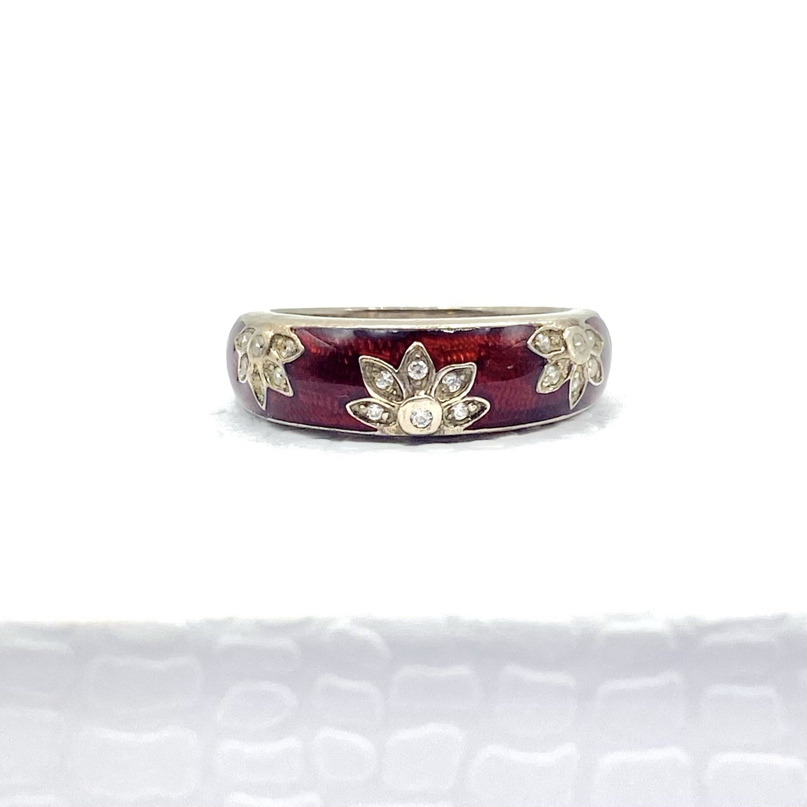 Vintage Sterling Silver 925 Dark Red Enamel CZ Crystal Ring Lotus Flower Size 7