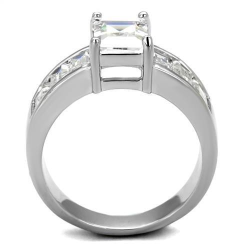 Women’s Ring, Clear CZ, Rhodium Plated, Brass, Sparkling, Elegant, Emerald Cut