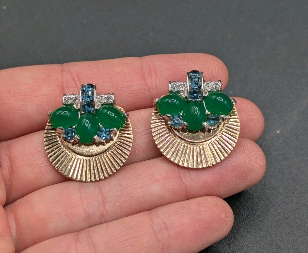 BOUCHER Signed Marcel Green Blue Clear Rhinestone Gold Tone Clip Earrings ⚠️READ