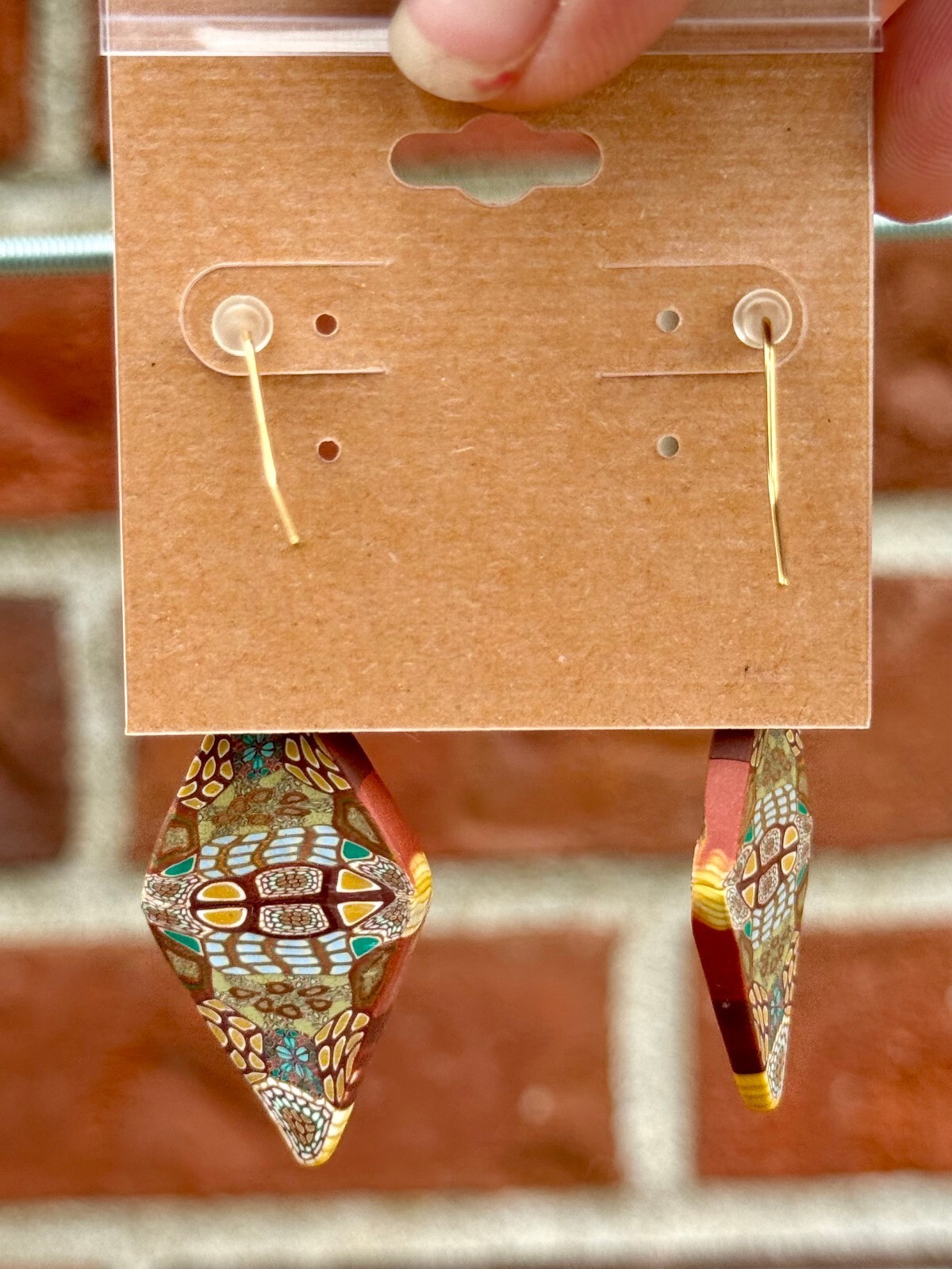 Handmade Polymer Clay Earrings Brown with Funky Designs of Blue and Purple