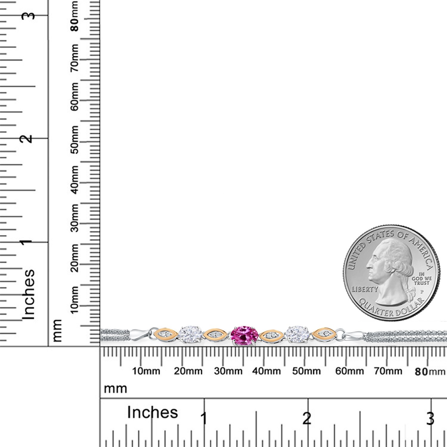 925 Silver and 10K Yellow Gold Pink Created Sapphire and White Moissanite and