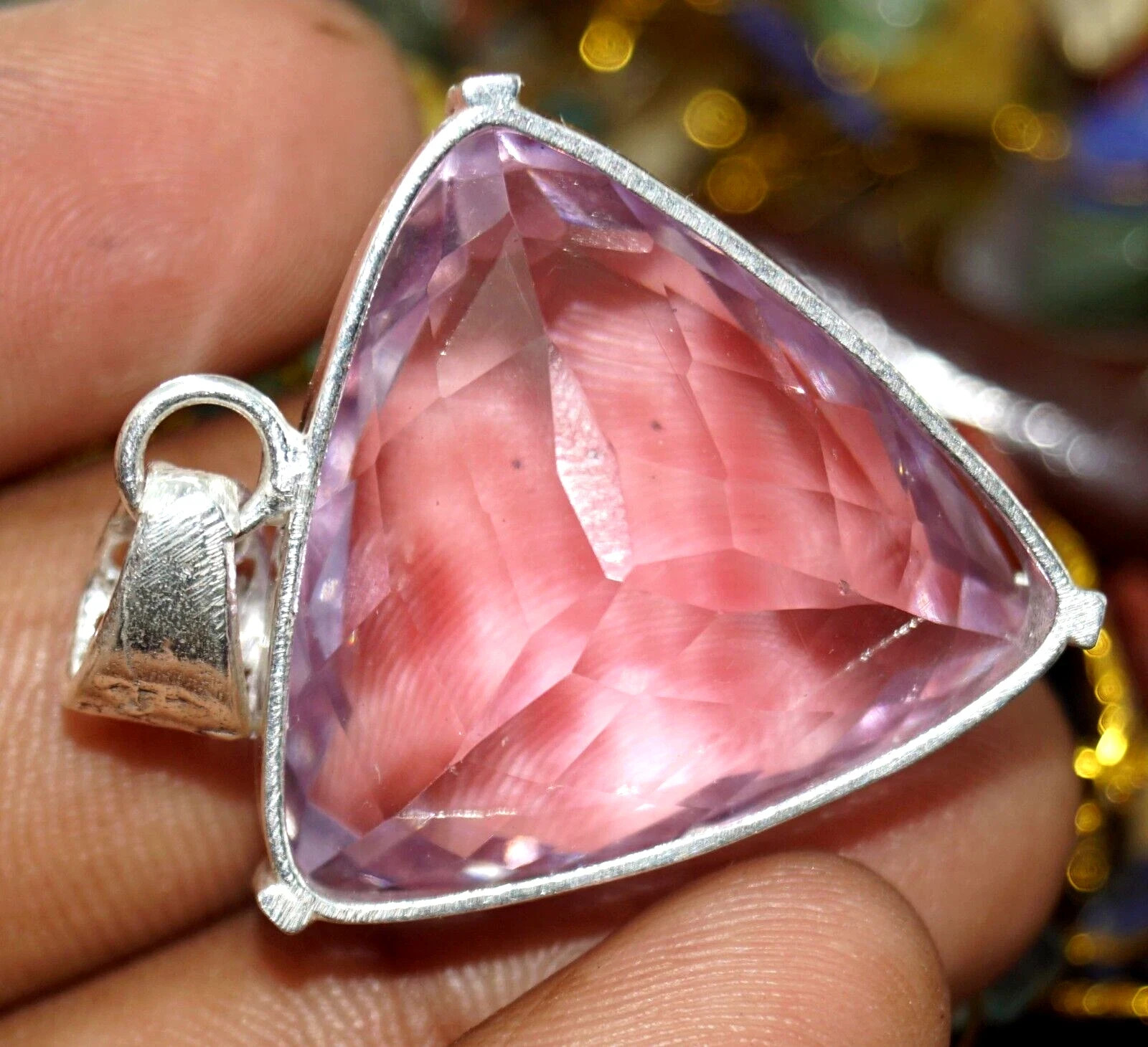 Natural 120 Ct Pink Topaz Trillion Certified Gemstone 925 Solid Silver Pendant