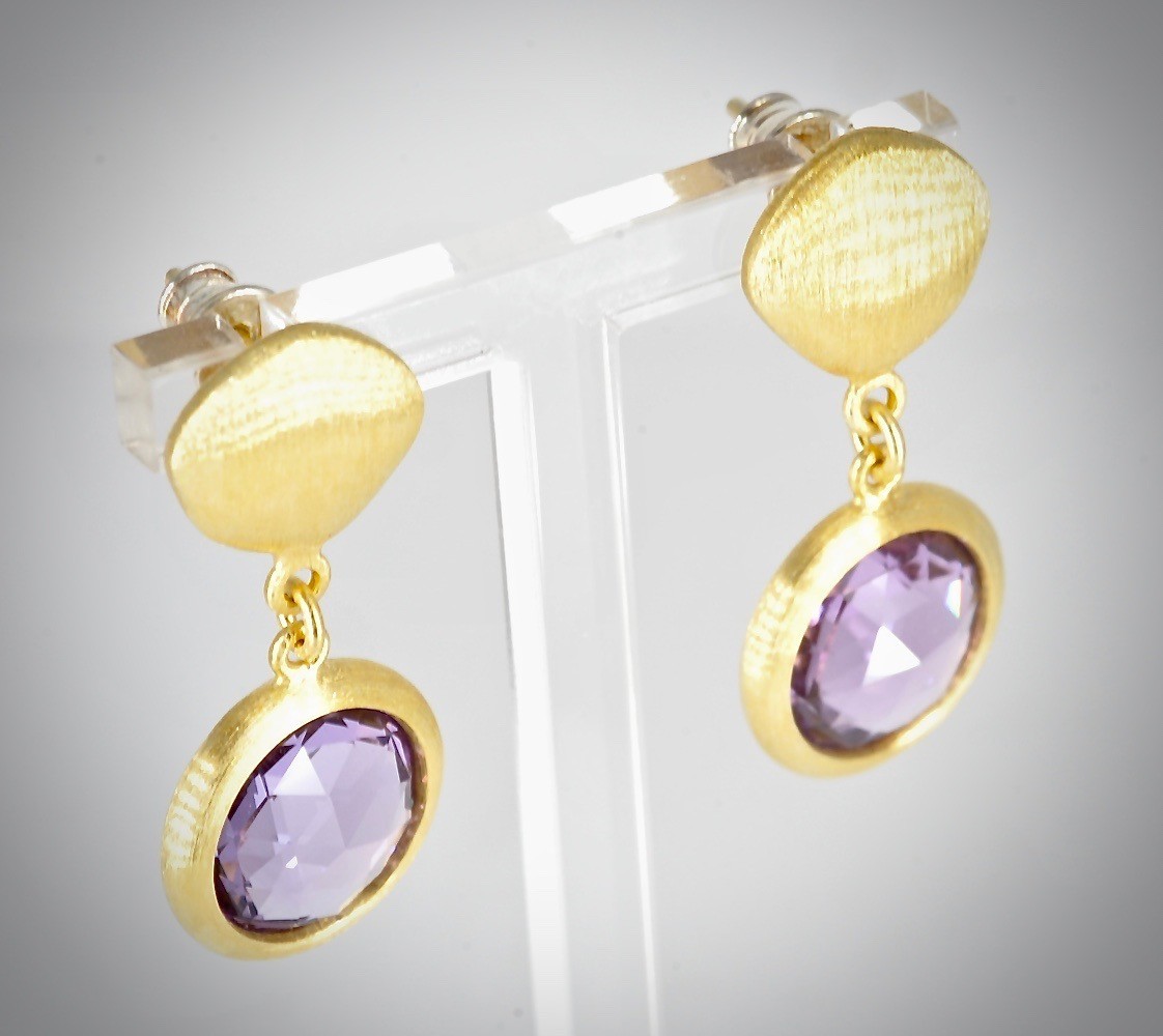 Amethyst 11mm Dia. in 18ct Brushed Gold Vermeil with 3cm Drop Earrings RRP £254