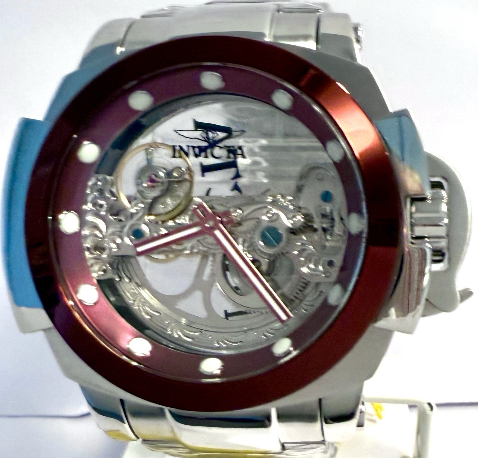 48mm GHOST | Red Bezel | Silvertone Bracelet | MAN of WAR Invicta Mens Watch