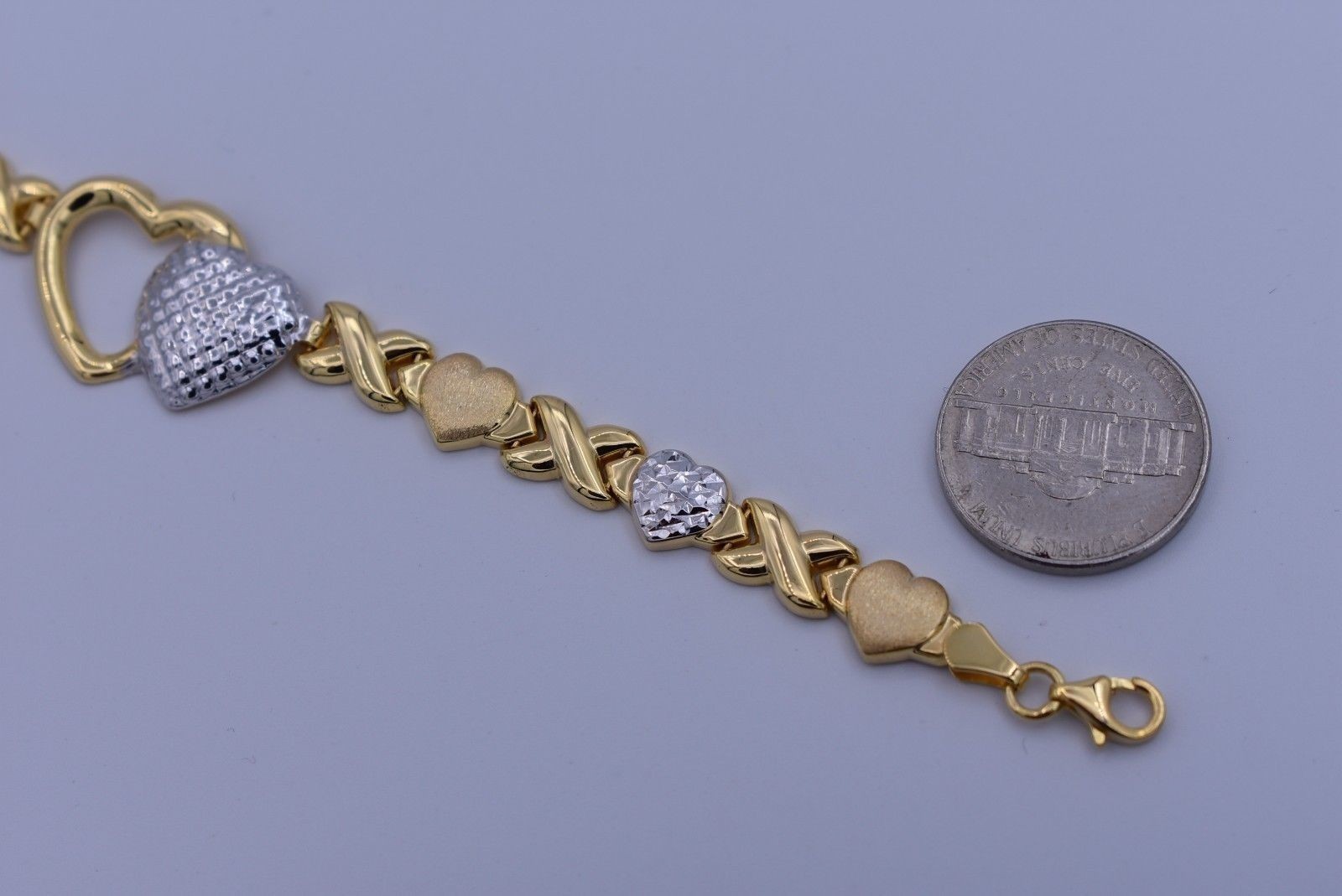 7.25″ Hearts & Kisses Bracelet 14K Yellow White Gold-Plated Silver XOXO 925