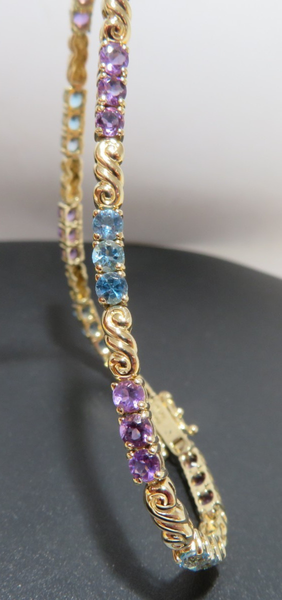 14K YG MULTI-GEMSTONE TENNIS BRACELET 7.25 ” LONG 3.17 MM WIDE 8.19gram (A19268)