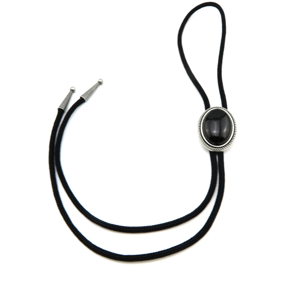Hand Made Natural Black Stone Western Cowboy Leather Bolo Neck Tie Zinc alloy
