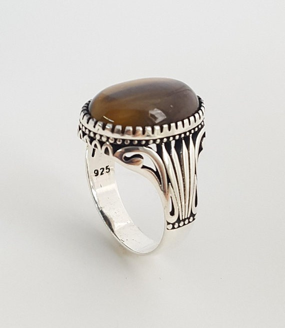 Solid 925 Sterling Silver Natural Tiger’s Eye Oval Gemstone Men’s Unisex Ring