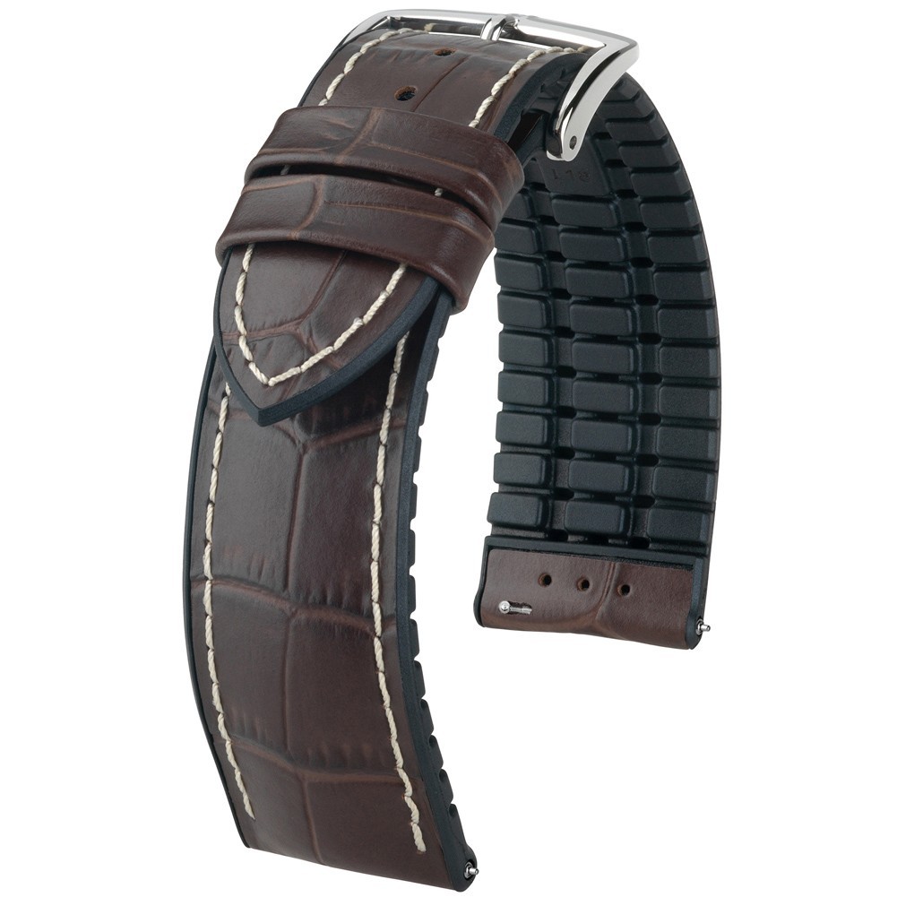 Hirsch George Alligator Leather Rubber Watch Band Strap Brown 22mm Quick Release