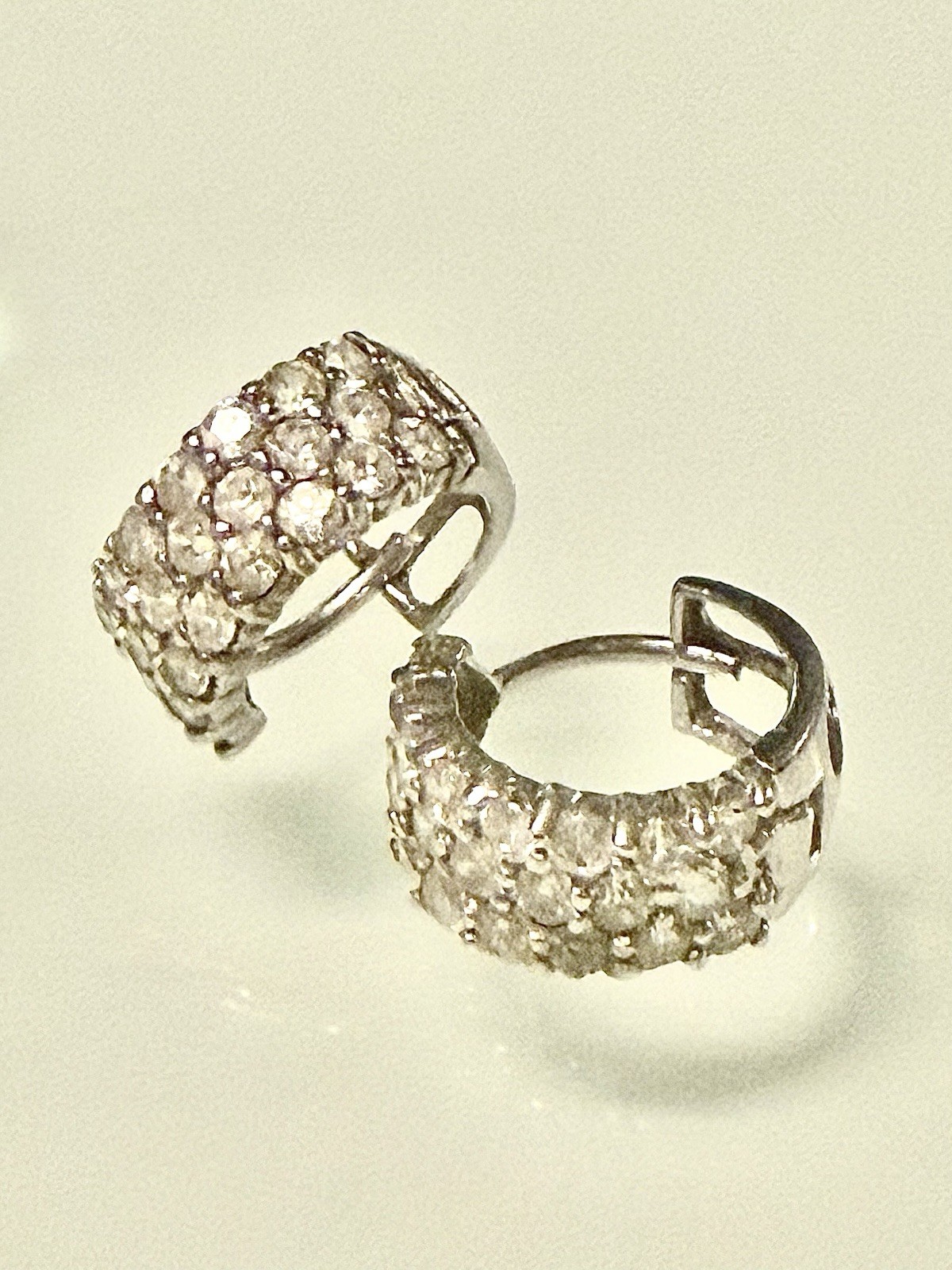 14 KT WHITE GOLD/3 ROW PAVE SET CZ HUGGIE HOOP 12.7 MM EARRINGS / 2.25 GRS