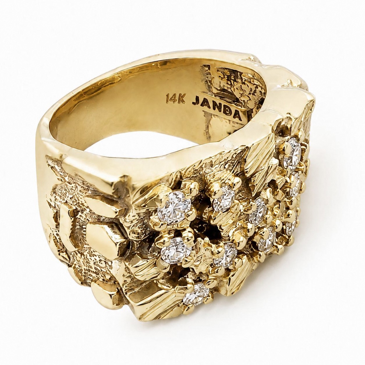 Real 14K Yellow Gold .70 Carat Wide Face Diamond Mens Nugget Ring Natural or Lab