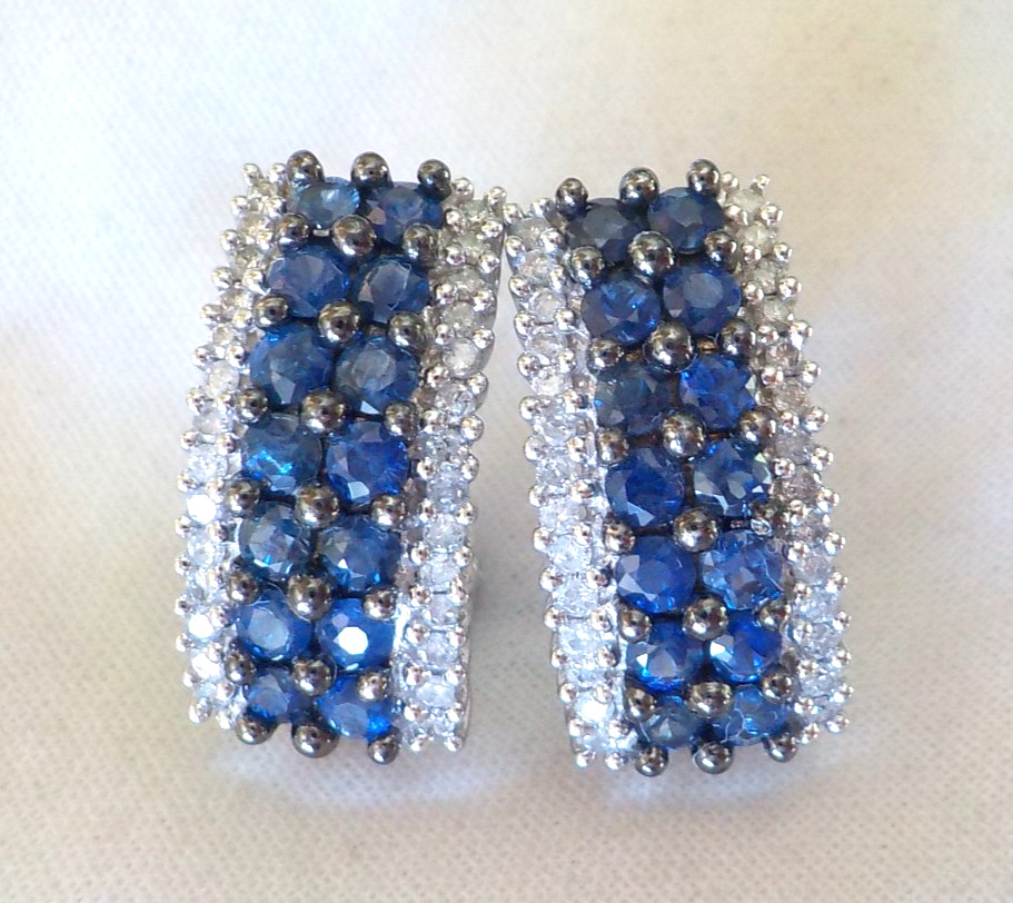 Heavy 14k White Gold Hoop Sapphire Diamond Earrings – 7.90 gms, 0.75 in, 2.52 ct