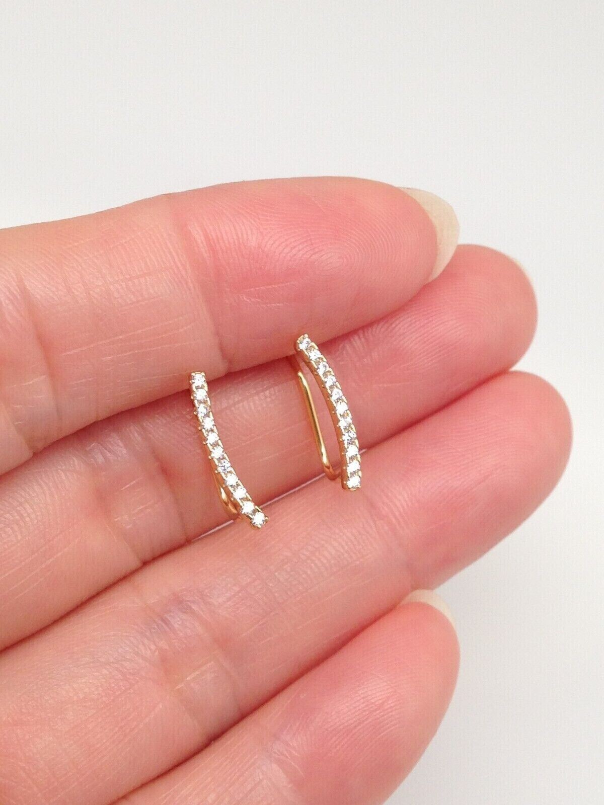 925 Sterling Silver CZ Curved Bar Climber Earrings Gold TINY 13mm x1mm Girls
