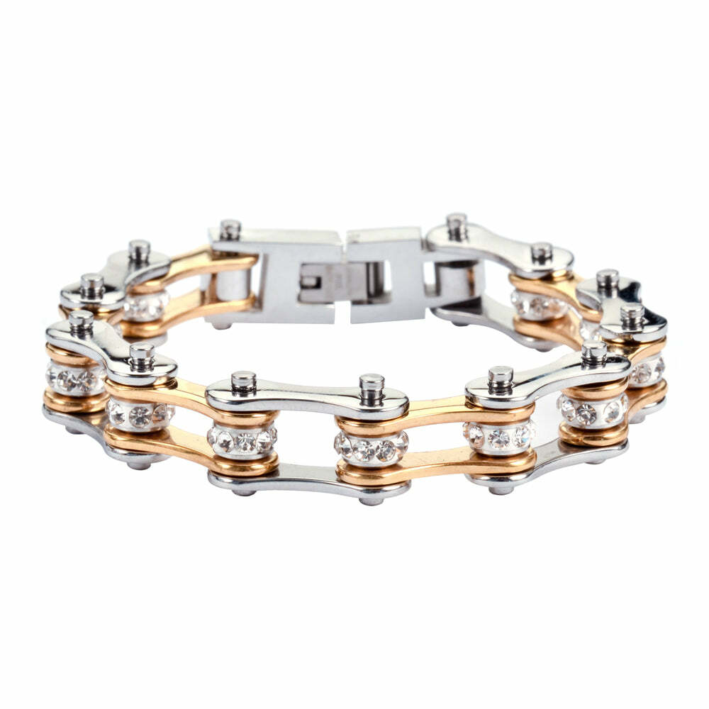 10mm Motorcycle Biker Bracelet Chrome & Gold Stainless Steel 57