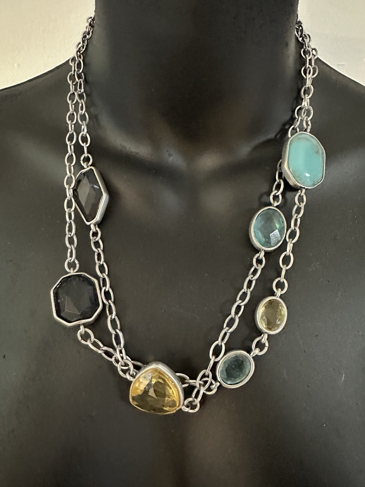 Chico’s Signed Silver Tone Station Chain Necklace Multicolor Bezel Crystal