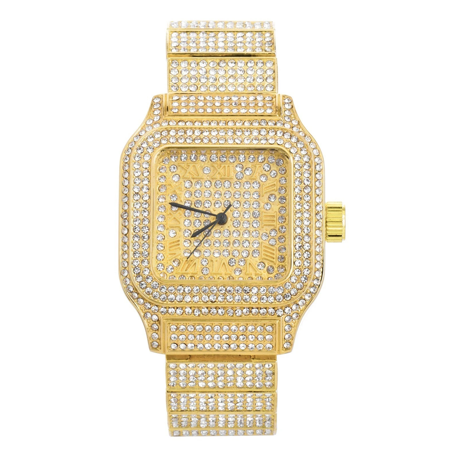 Iced Out CZ Gold Plated Square Hip Hop Bling Watch Metal Band Japanese Quartz