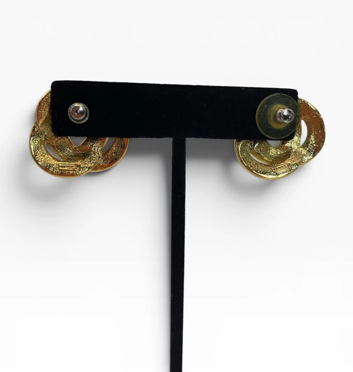 Vintage Napier Signed Black Enamel Gold Tone Interlocking Knot Pierced Earrings