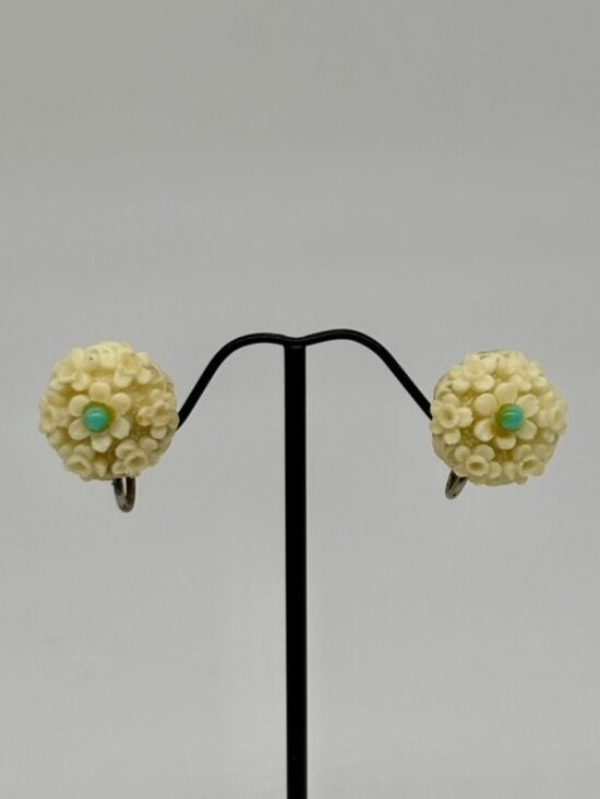 Vintage Earrings Carved Lucite/Resin Flowers Faux Turquoise Screw-Back, Unsigned