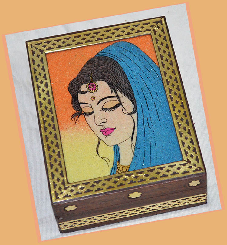 Designer wooden jewelry box with gem stone painting and brass border from India!