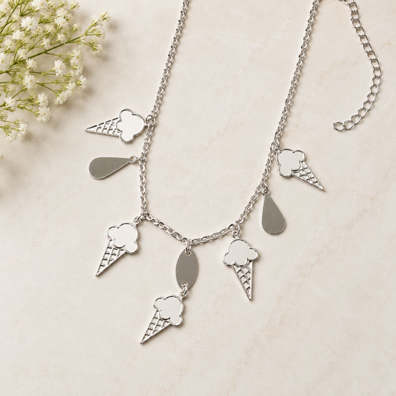 Ice Cream Cone Charm Necklace Silver Tone Multi Charm Chain Dessert Jewelry