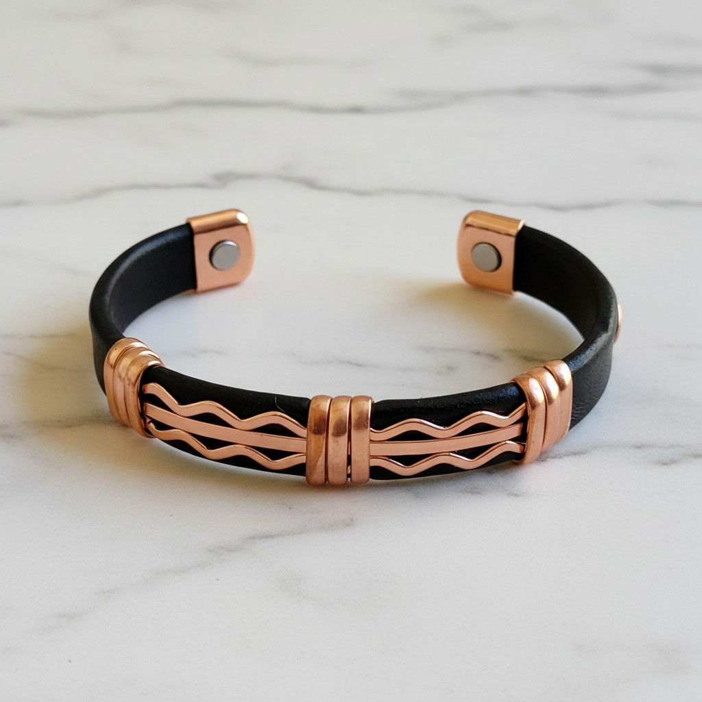 Solid Copper Leather Wrapped Magnetic Bracelet Arthritis Pain Therapy Cuff V