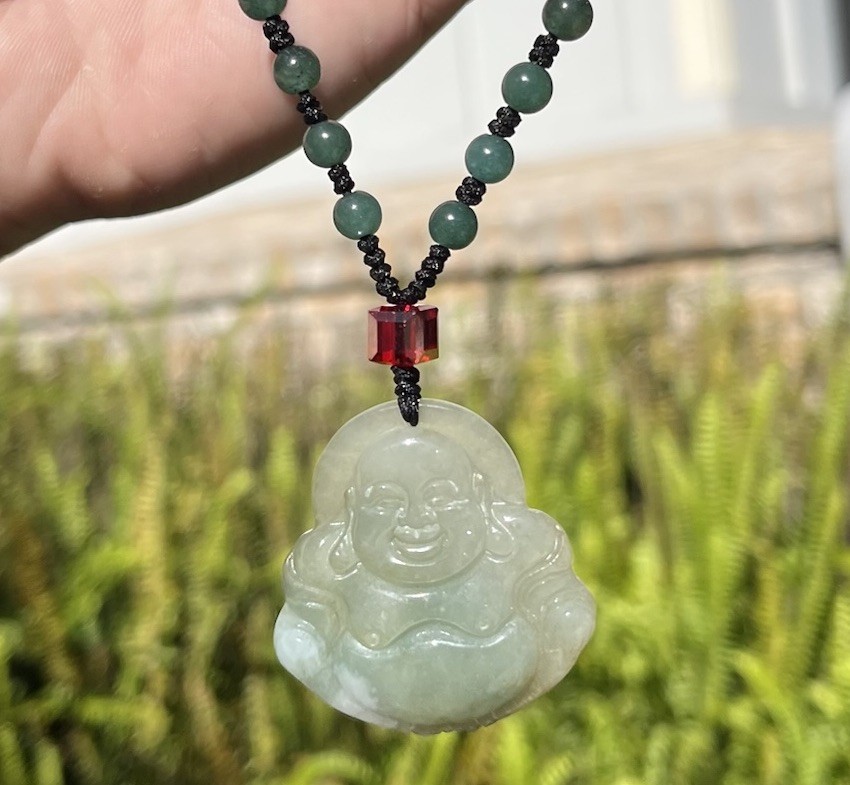 NATURAL ICY JADEITE MI LE BUDDHA PENDANT 36MM X 38MM WITH BEADED CORD NECKLACE