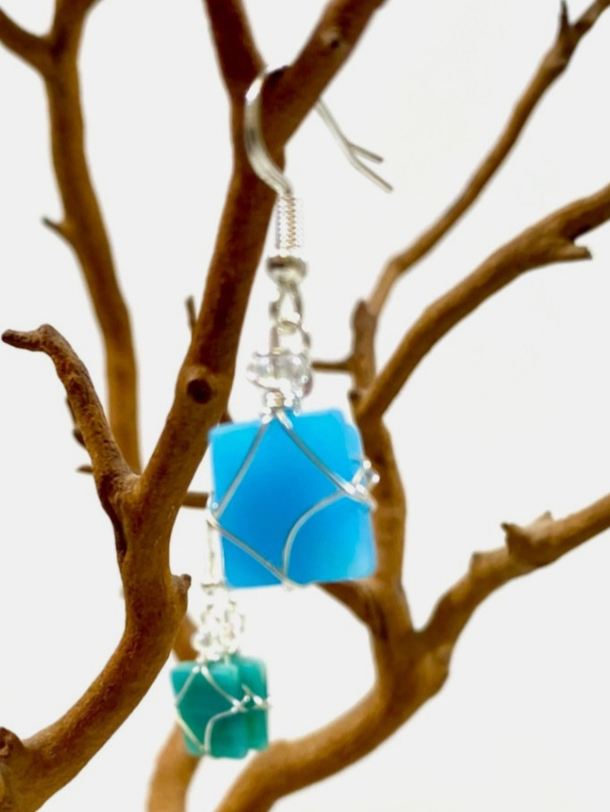 Dangle Earrings Square Sky Blue Opaque Sea Glass Straight Silver Wire Clear Bead