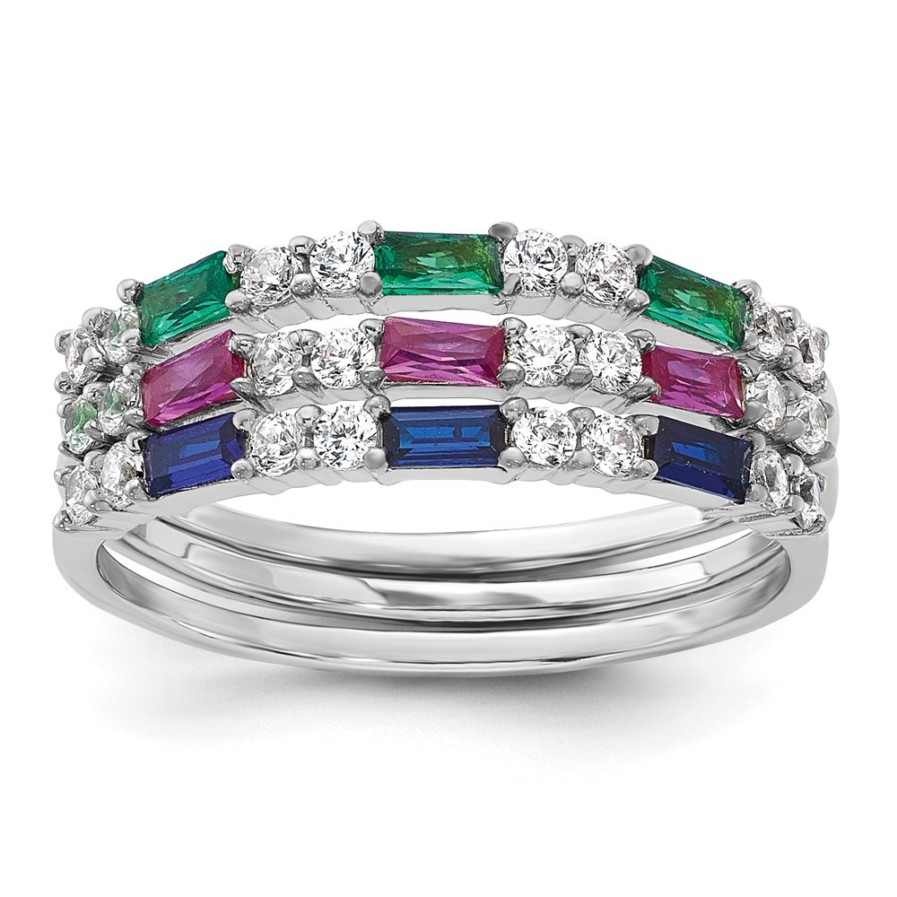 Sterling Silver Green, Red and Blue Cubic Zirconia 3 Ring Set Size 7