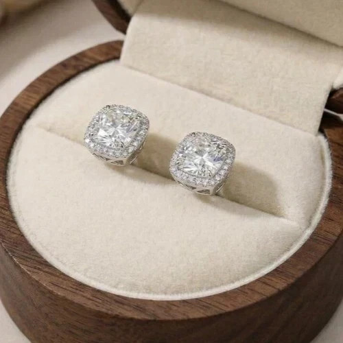 Cushion 4 CT F-VS1 Lab Grown Diamond Women Wedding Stud Earrings 14K White Gold