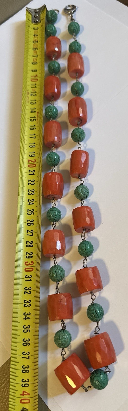 PINK CORAL NECKLACE MATCHING FACETED BEADS-TURQUOISE-SILVER 925-80 CM