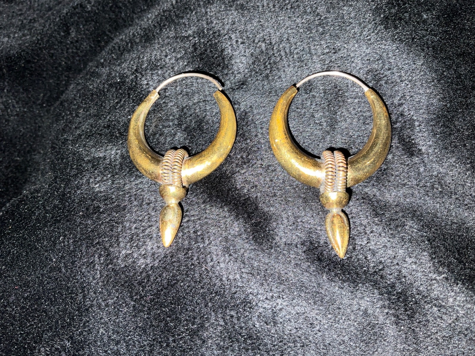 Vintage Brass Tribal Bali Hoop Earrings Silver Wire Boho Crescent Spike Chunky