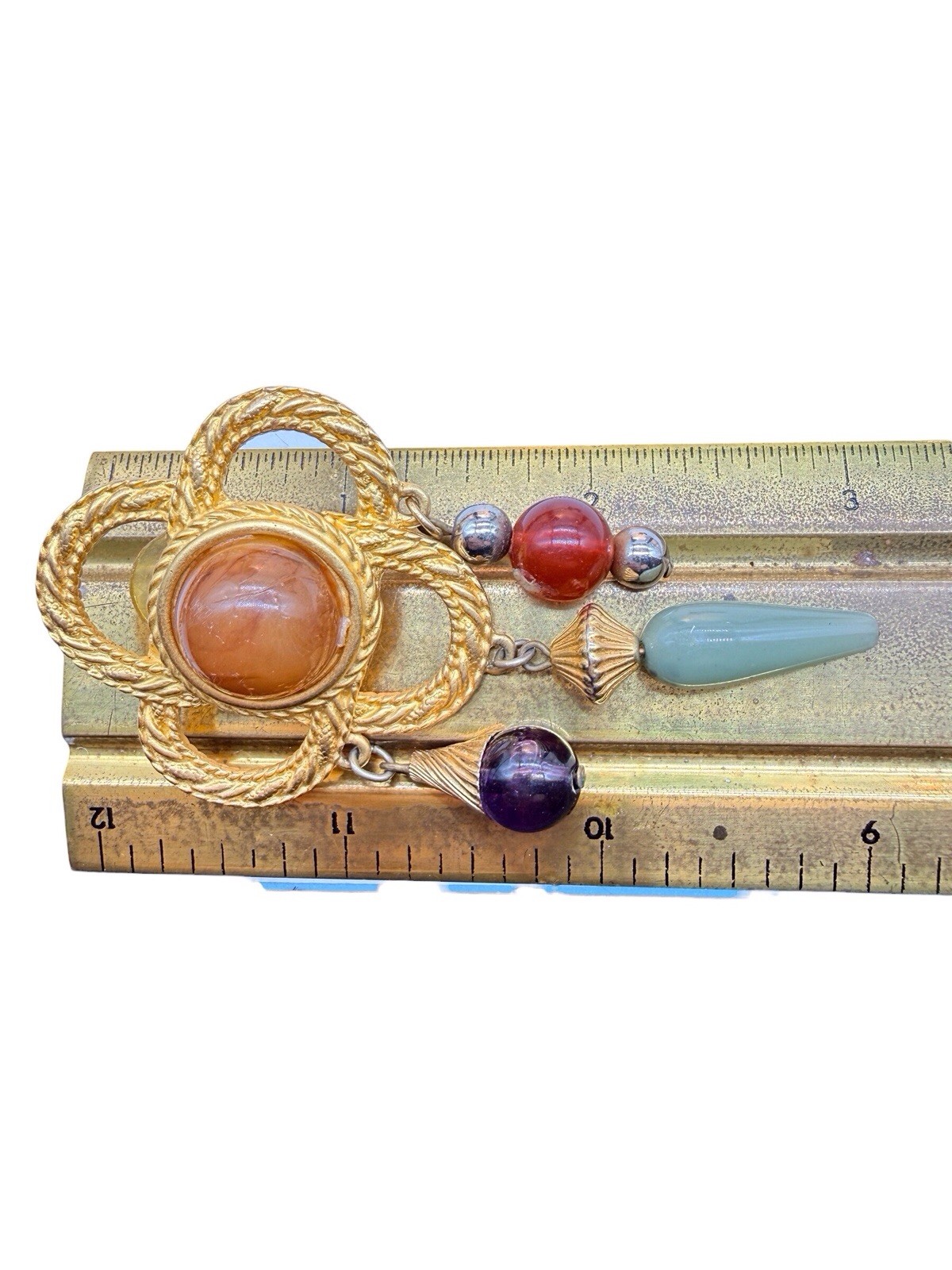 JJ Jonette Signed Earrings VTG 80s Large Etruscan Rev Faux Stone Dangles Gold 9