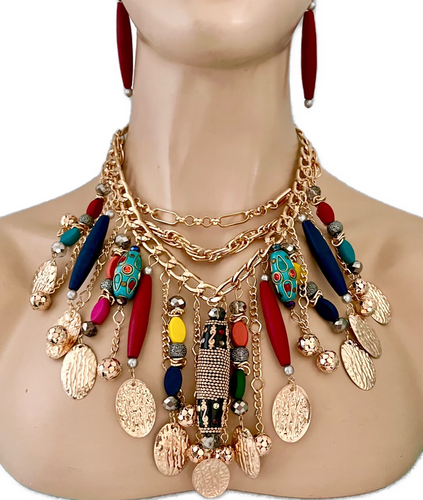 Multistrand Layered Chunky Bib Multicolor Statement Necklace Set Bohemian Style