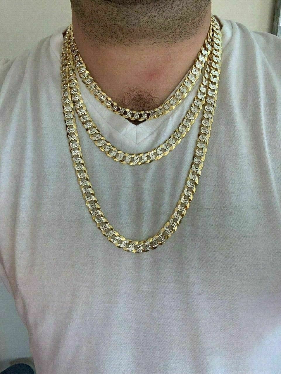 Mens Diamond Cut 11mm Miami Cuban Chain 14k Gold Plated Solid 925 Silver TwoTone