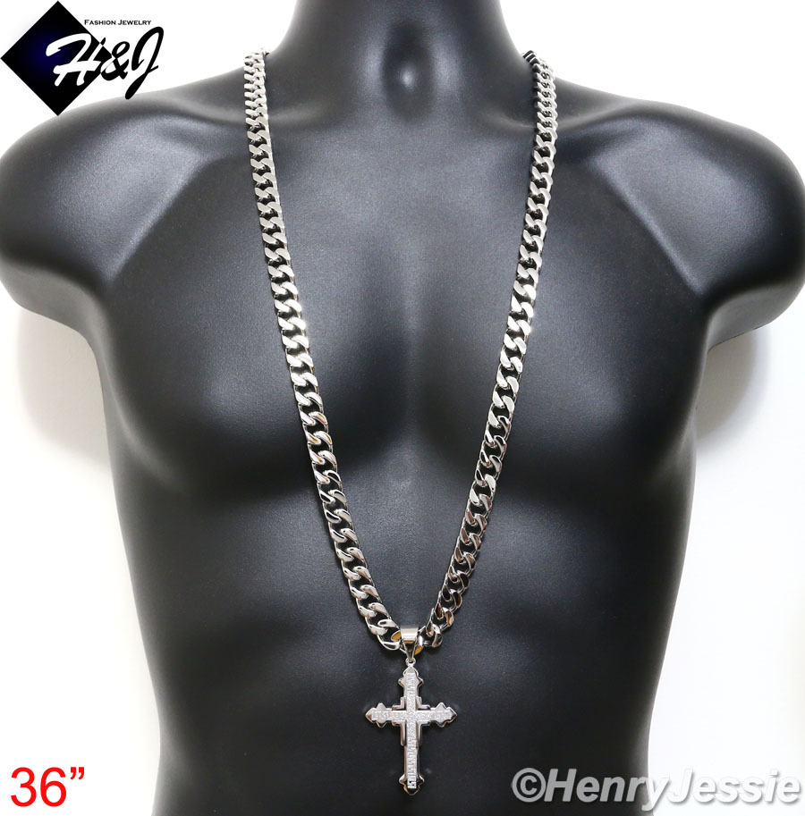 18-40″MEN Stainless Steel WIDE 11mm Silver Cuban Curb Necklace Cross Pendant*K20