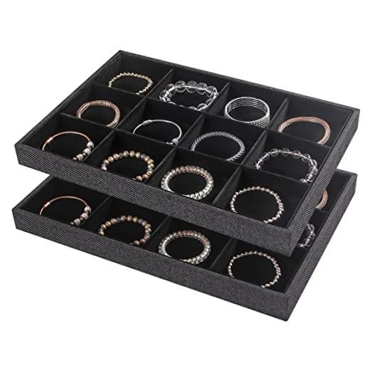 2Pcs 12 Grids Stackable Jewelry Organizer 12 Grid Tray + 12 Grid Tray Black