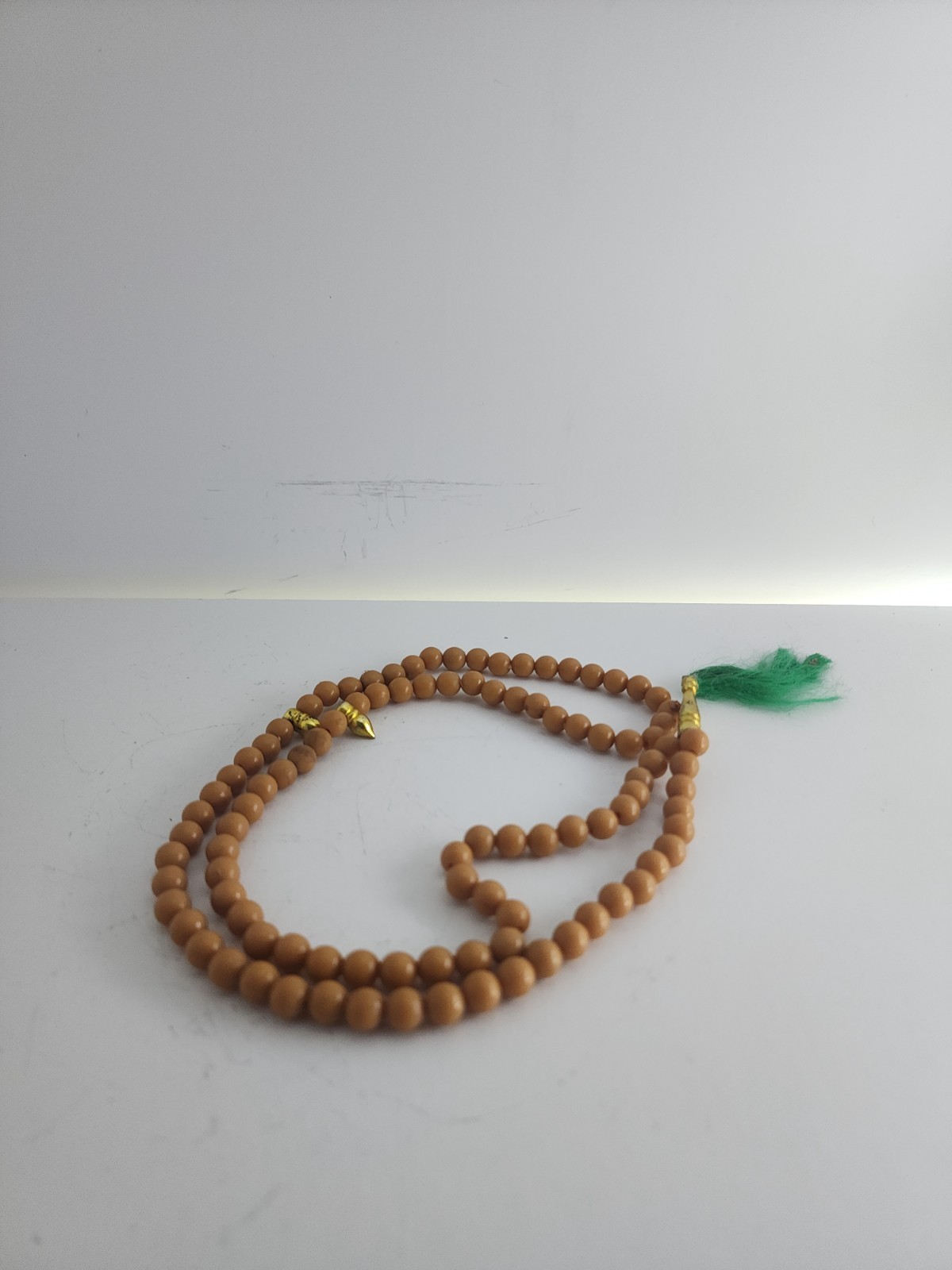 Brown Beige Beads Necklace Meditation Souvenir Green Tassel Gold Tone Charm