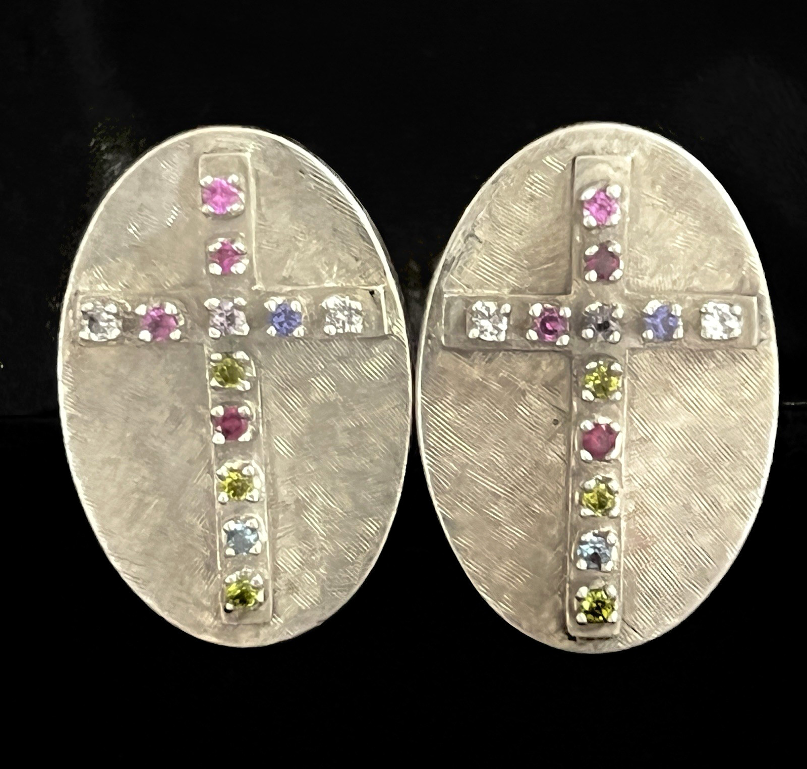 VINTAGE STERLING SILVER LARGE CUFFLINKS MULTI-STONE CROSSES DECORATION 36.3G