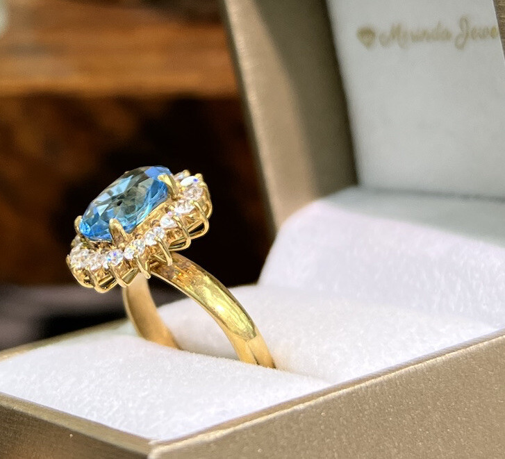 12k Solid Yellow Gold Cluster Ring Blue Topaz & Cubic Zirconia 4.90 Grams