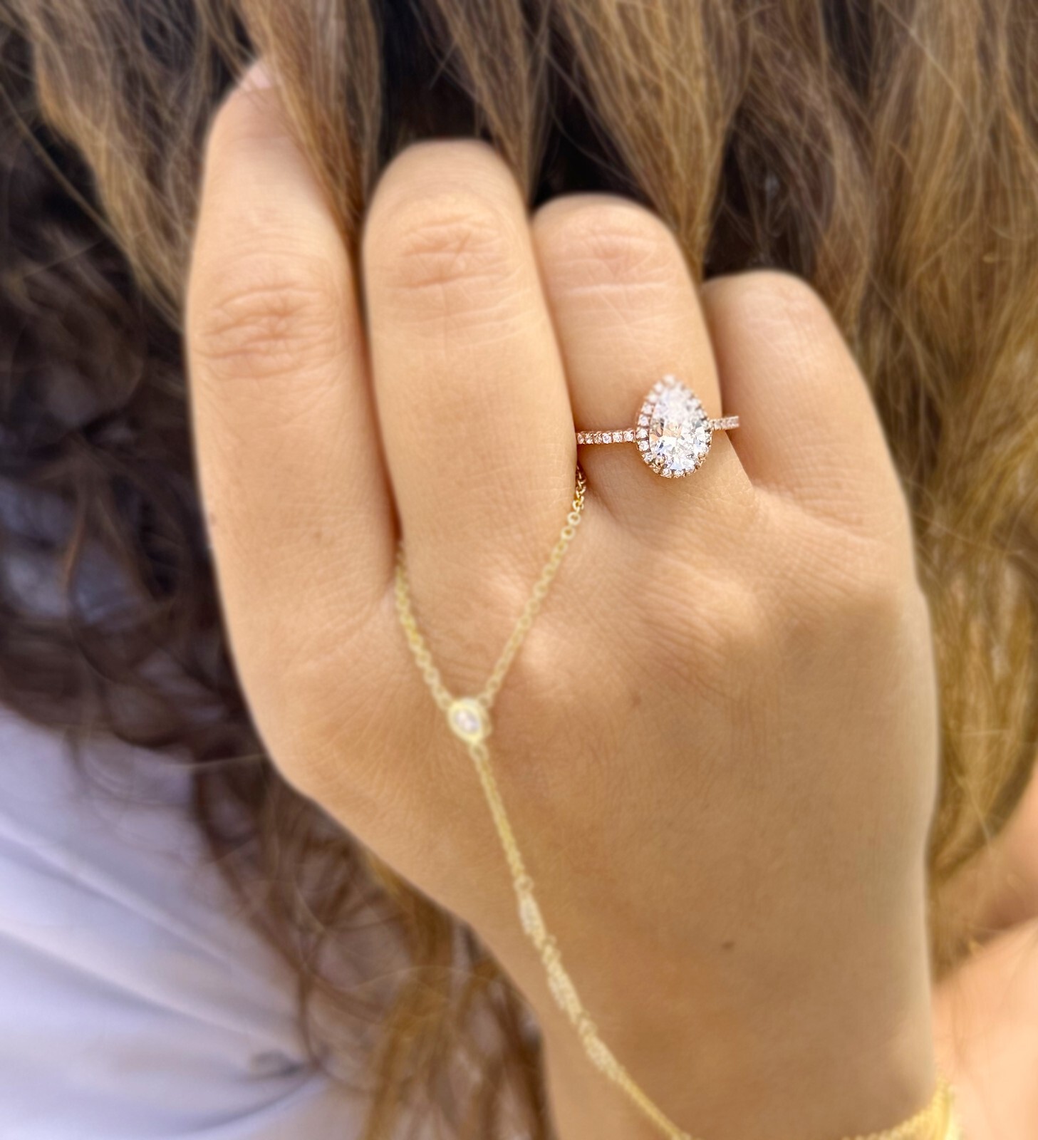 Pear Shape And Round Moissanite Engagement Ring Halo 14k Solid Rose Gold 1.70ctw