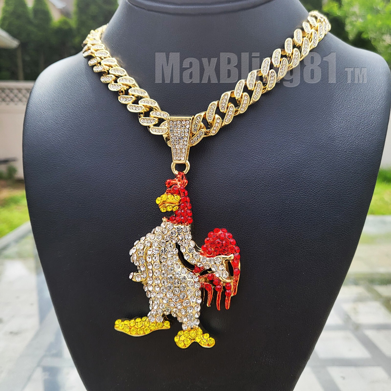 Large Gold Chicken Pendant & 16″ 18″ 20″ 24″ Iced Cuban Box Lock Chain Necklace