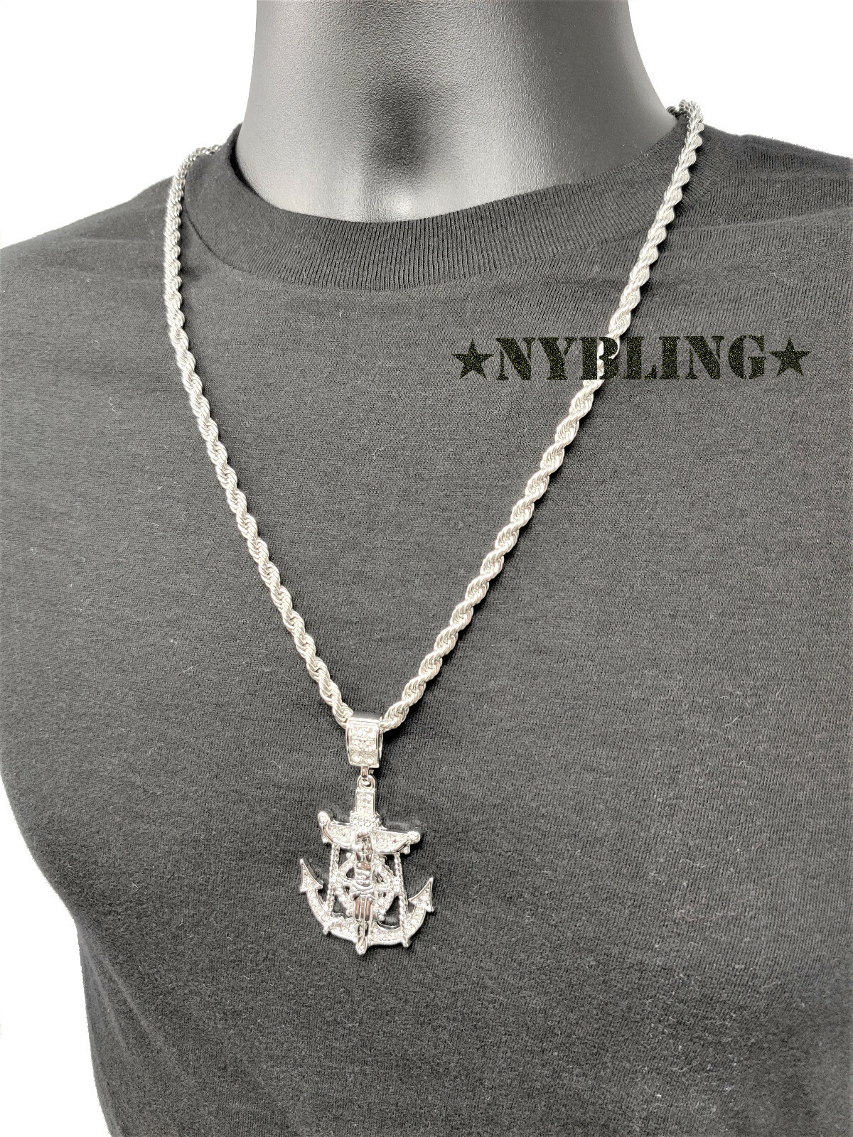 ICED Jesus Anchor Pendant w/ Rope or Tennis Chain Necklace Plated CZ Jewelry