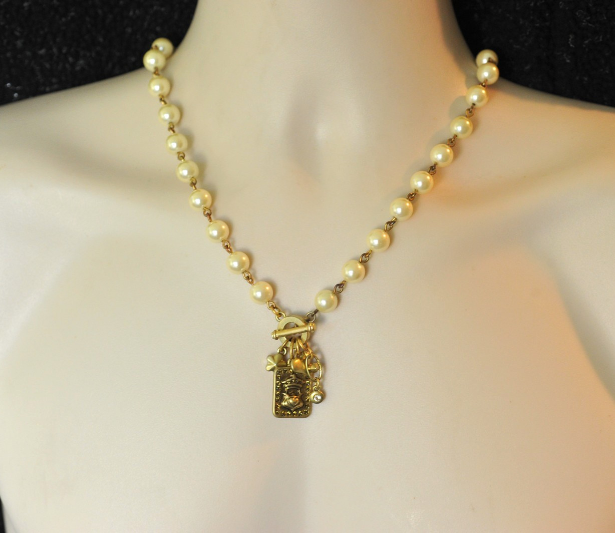 CAbi Necklace Gold Tone Rhinestone Faux Pearl charms dangle statement A