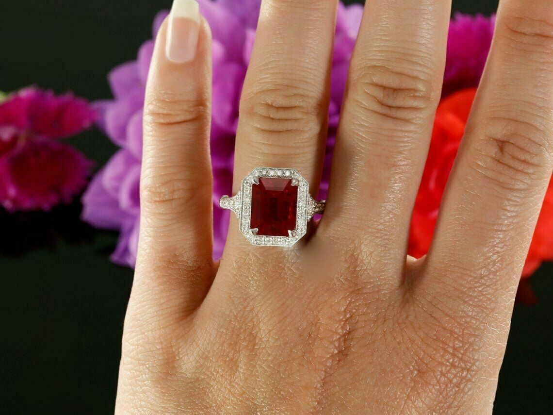 2.92 Ct Emerald Cut Natural Ruby & Diamond Anniversary Ring 14K WhiteGold Size 7
