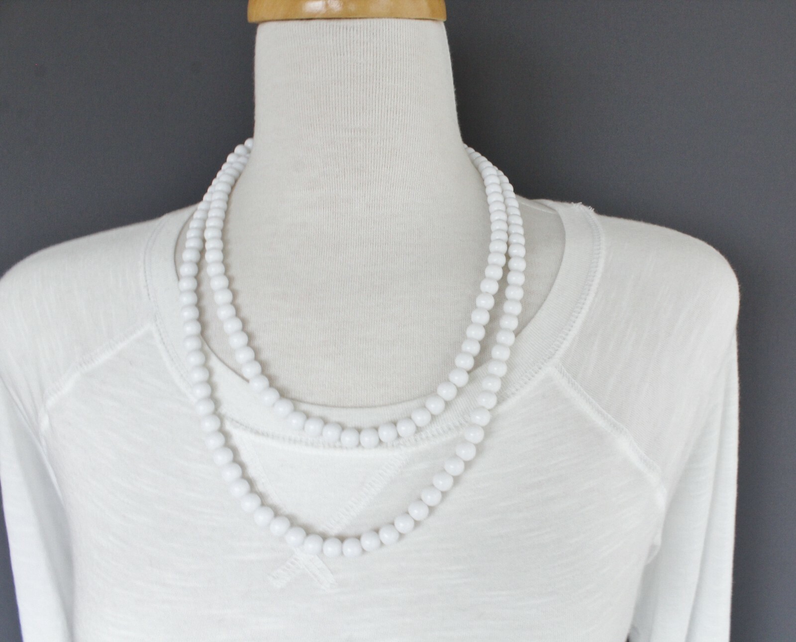White bead long necklace extra long 44″ necklace beaded wrap double look wrapped